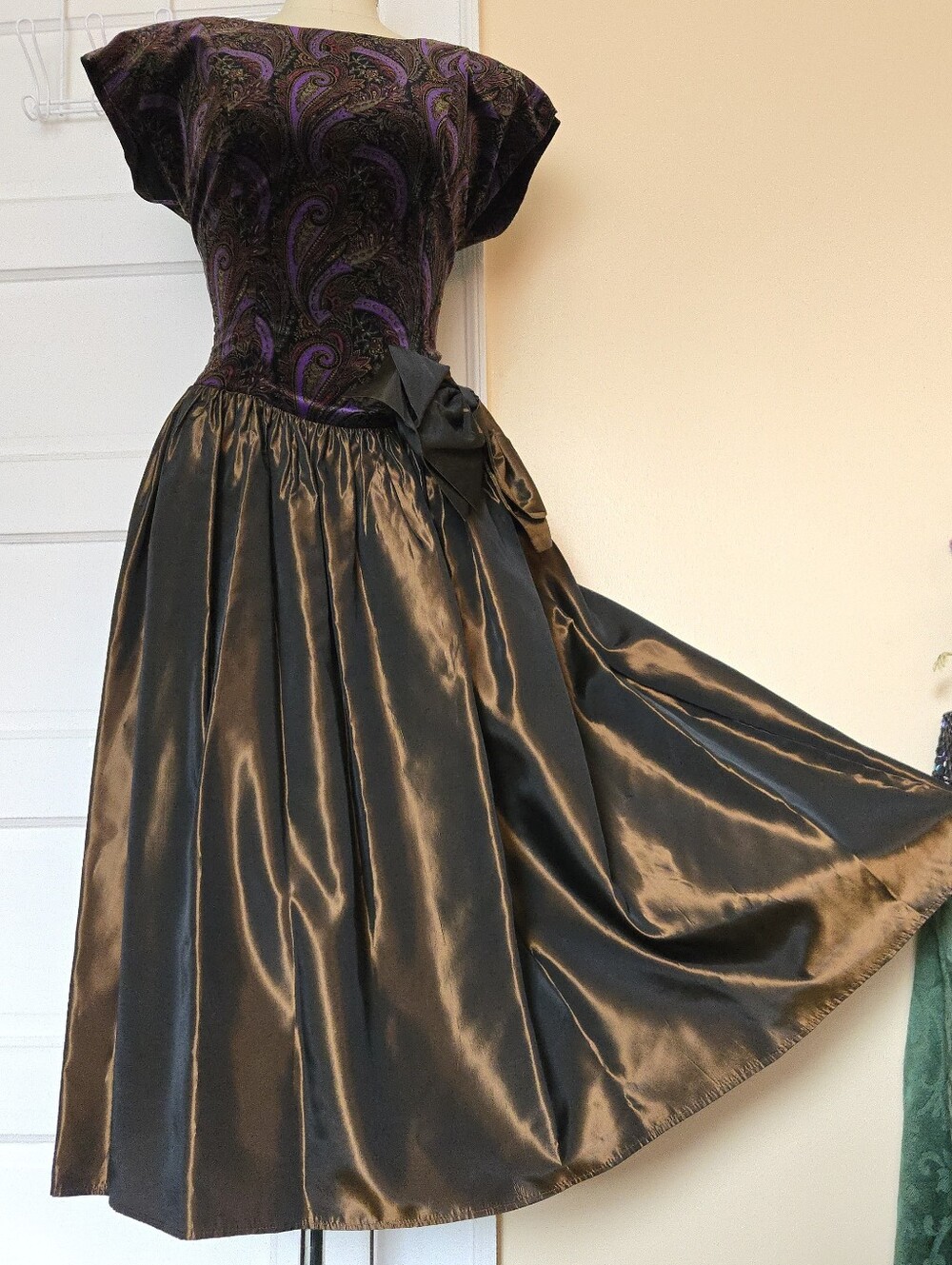 1980s drop waist gown with cotton velvet bodice, taffeta skirt, paisley print